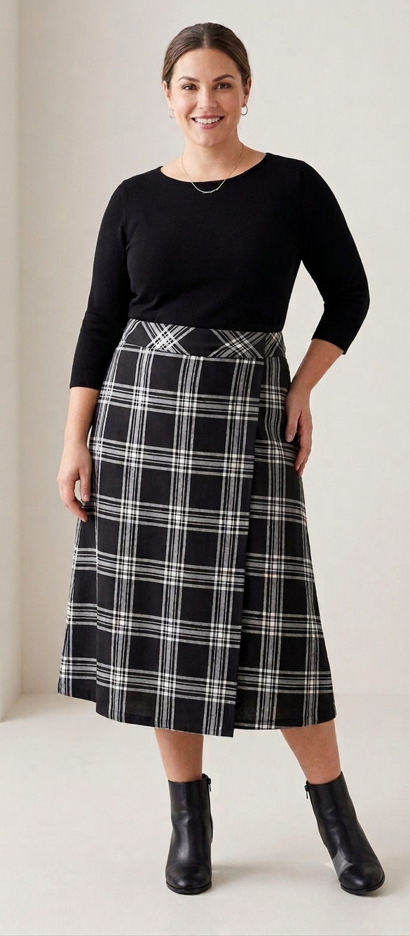 Liz Claiborne Black & White Plaid Wool Blend Maxi Wrap Skirt Women 24W 3x
